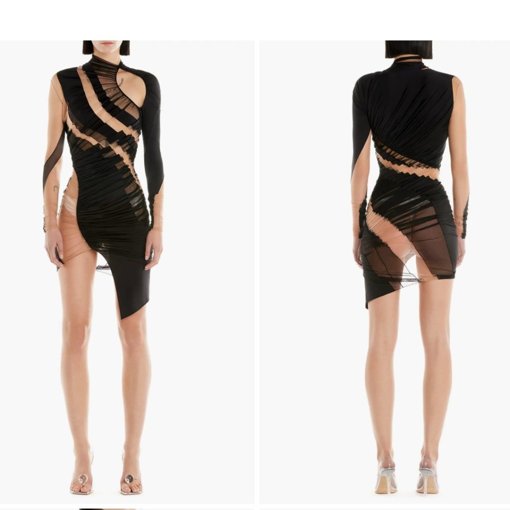 Mugler Swirl Patchwork Illusion Panel Asymmetric Long Sleeve Body-Con Minidress